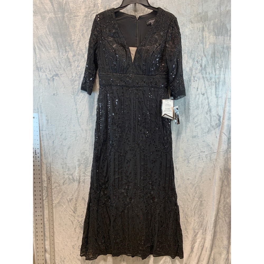 R&M Richards Petite Black Sequin Floral Embroidered V-Neck Gown 3273P 8P